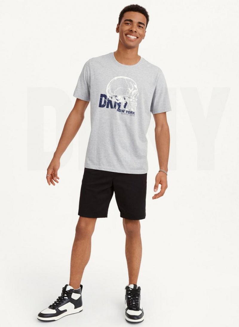 Light Grey Men's DKNY Worn Shimmer Skull T Shirts | Australia-D0483