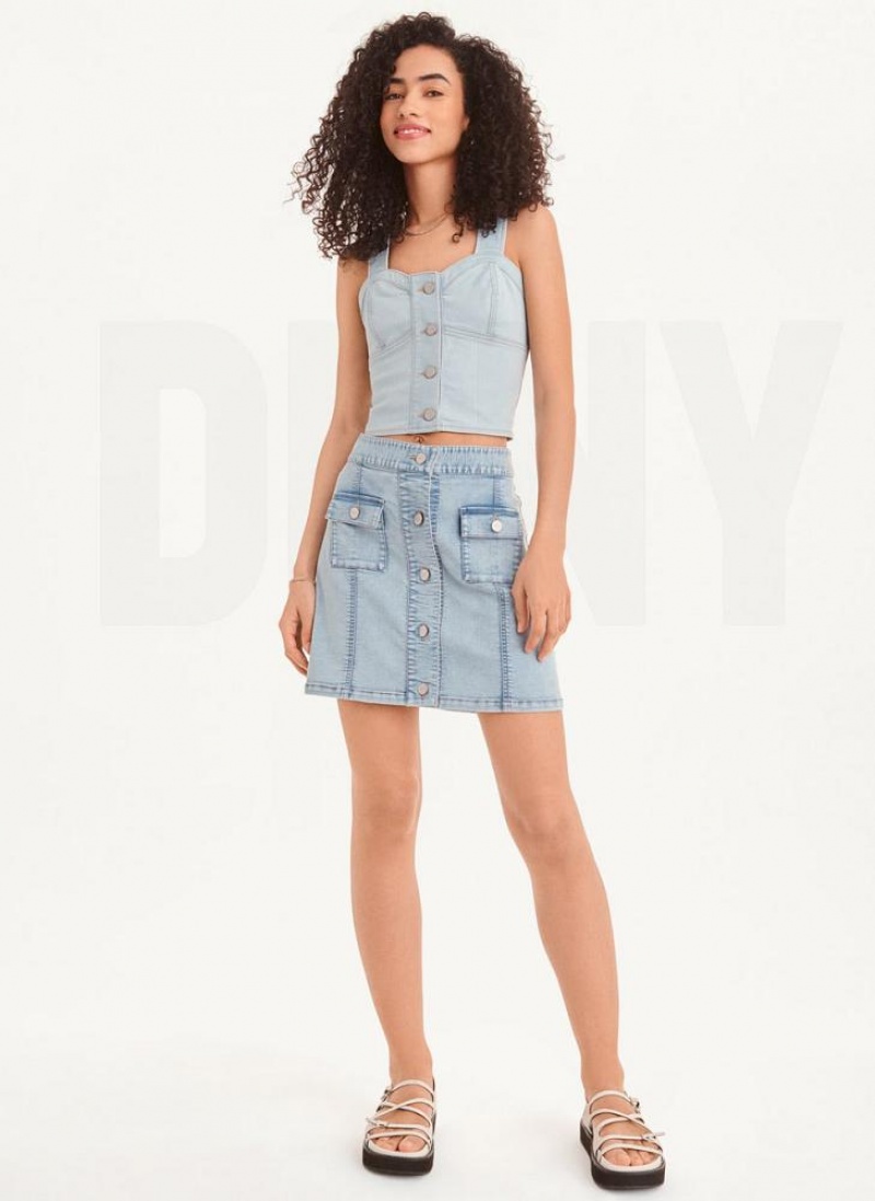 Light Wash Women's DKNY Button Mini Skirts | Australia-D0362