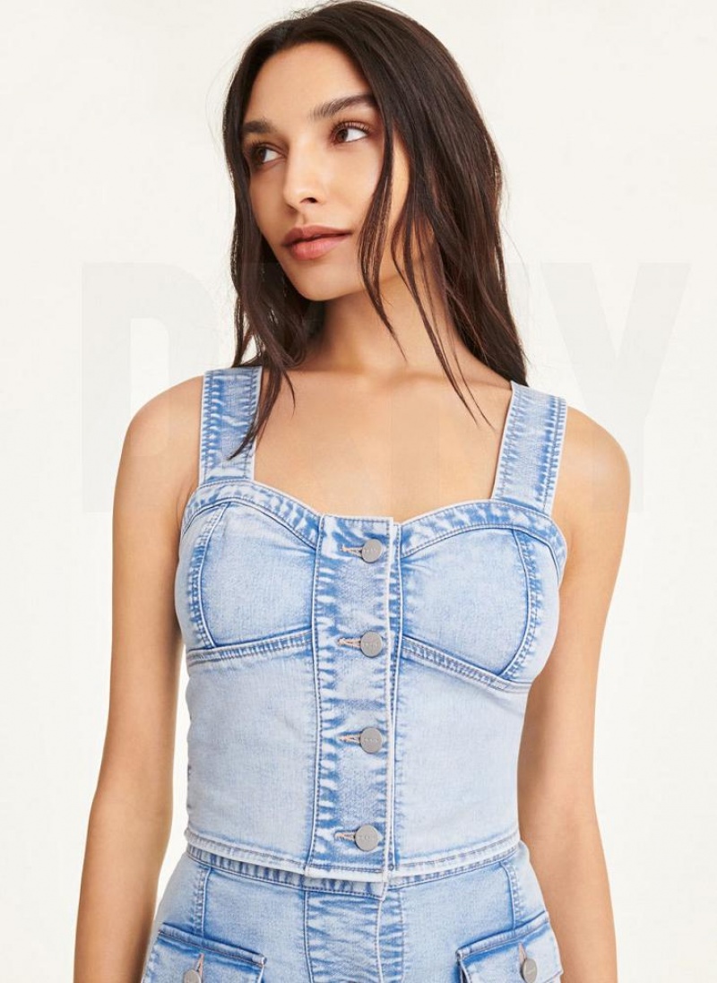 Light Wash Women\'s DKNY Button Sleeveless Tank Tops | Australia-D0946