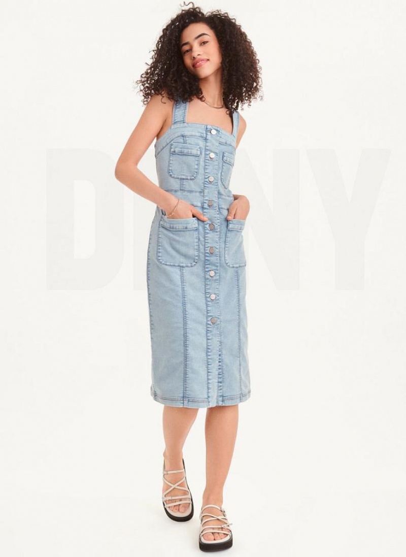 Light Wash Women's DKNY Sleeveless 4 Pocket Dresses | Australia-D1466