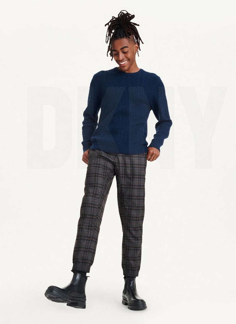 Navy Men's DKNY Diagonal Cable Crew Sweaters | Australia-D1269
