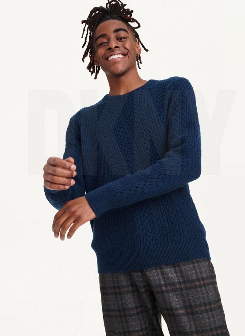 Navy Men's DKNY Diagonal Cable Crew Sweaters | Australia-D1269
