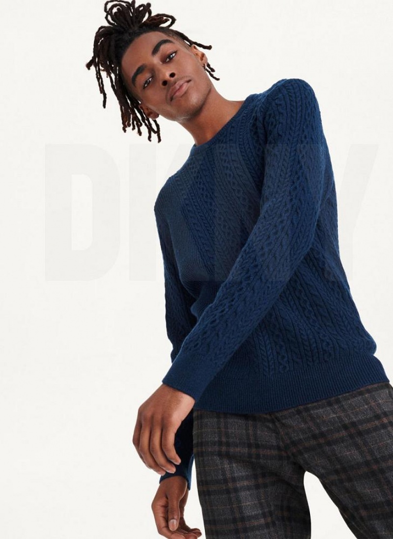 Navy Men's DKNY Diagonal Cable Crew Sweaters | Australia-D1269