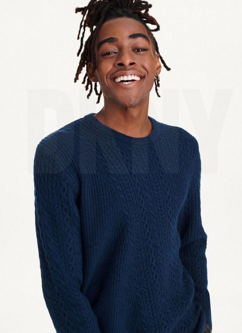 Navy Men's DKNY Diagonal Cable Crew Sweaters | Australia-D1269