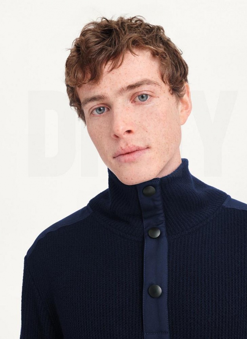 Navy Men's DKNY Double Knit Rib Funnel Neck Sweaters | Australia-D0845