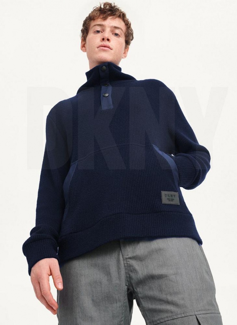 Navy Men's DKNY Double Knit Rib Funnel Neck Sweaters | Australia-D0845