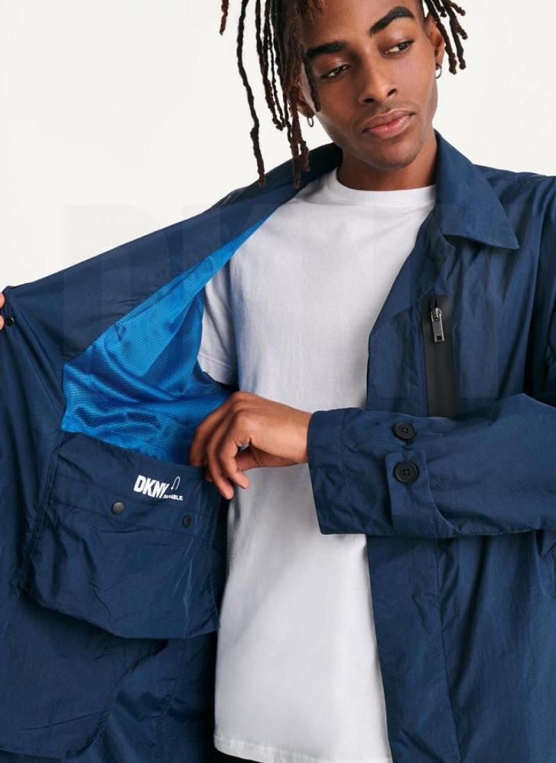 Navy Men's DKNY Nylon Collared Trench Jackets | Australia-D0657