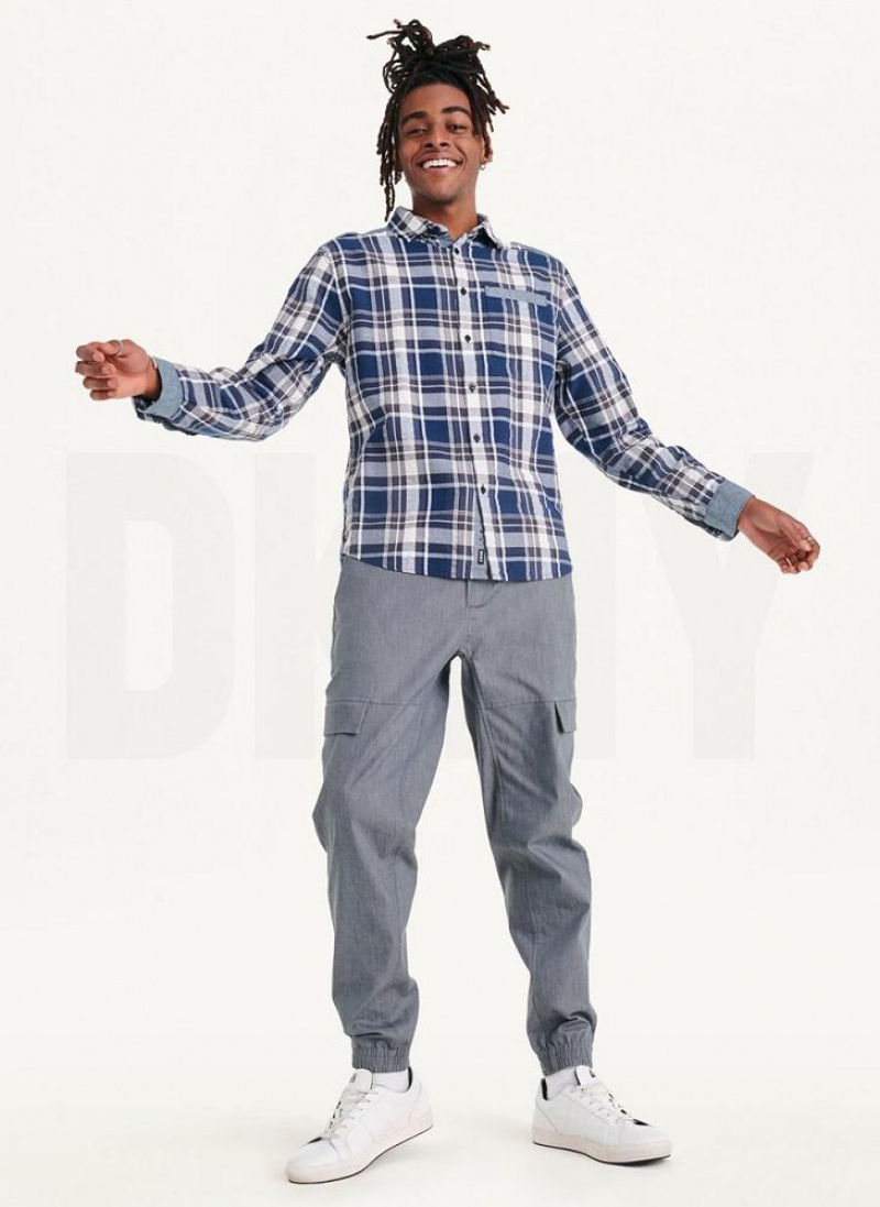 Navy Men's DKNY Plaid Long Sleeve Button Up Shirts | Australia-D0847