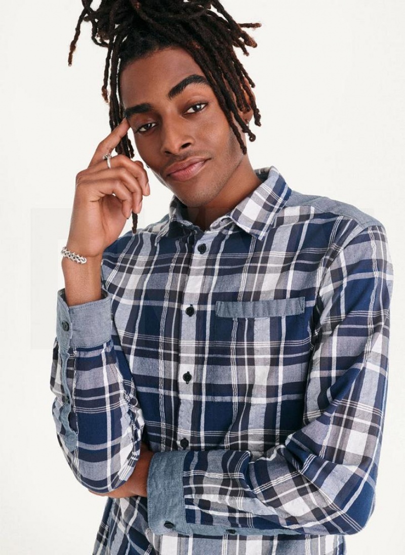 Navy Men's DKNY Plaid Long Sleeve Button Up Shirts | Australia-D0847