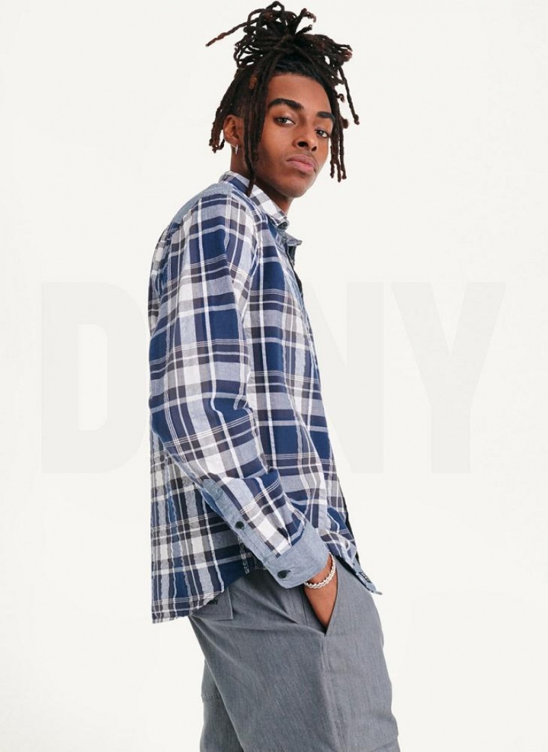 Navy Men's DKNY Plaid Long Sleeve Button Up Shirts | Australia-D0847