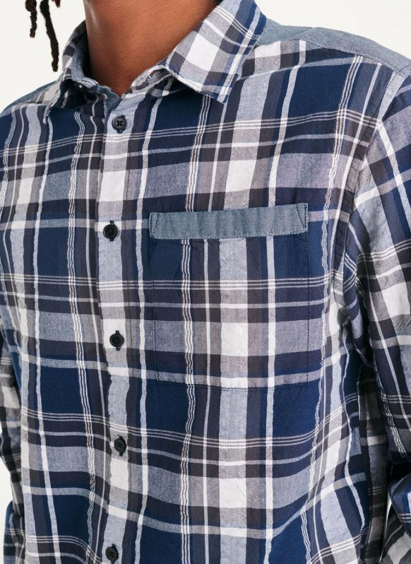 Navy Men's DKNY Plaid Long Sleeve Button Up Shirts | Australia-D0847