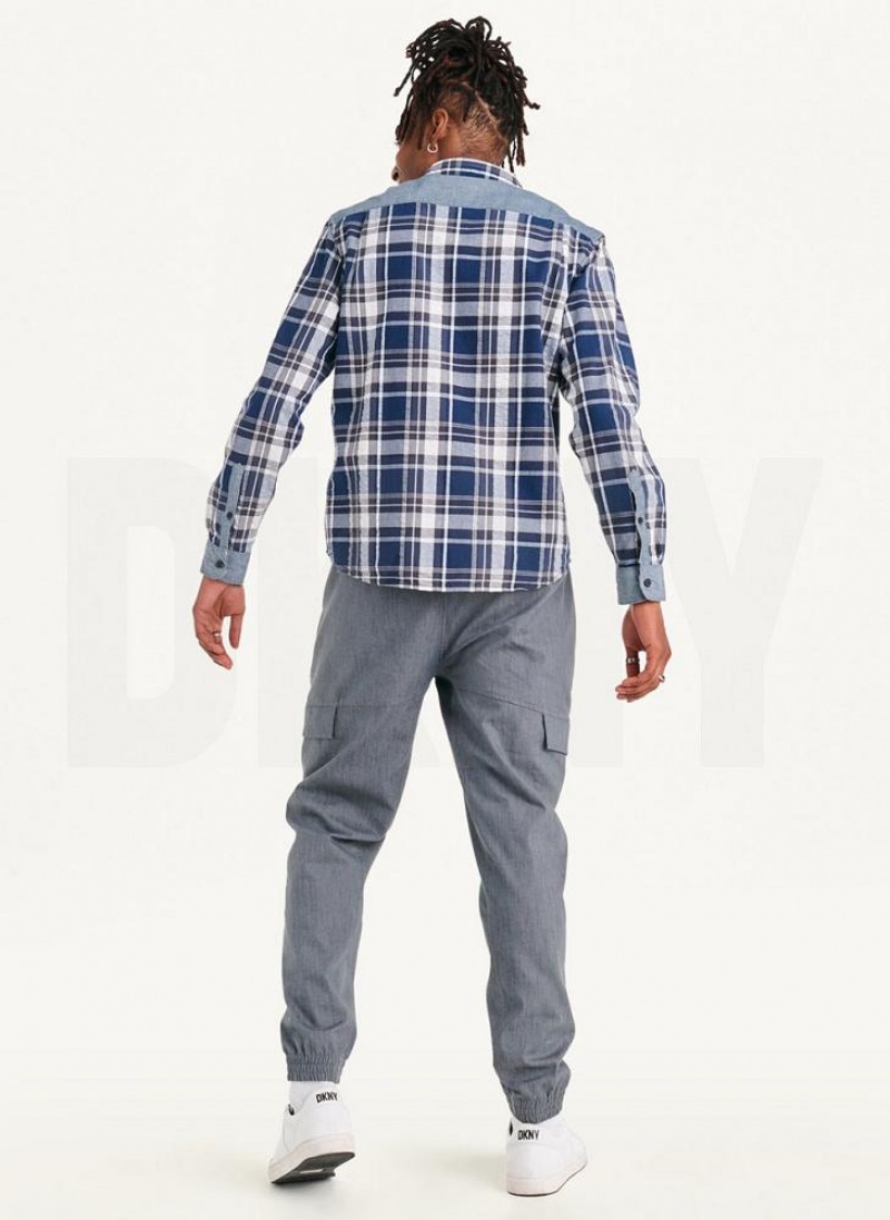 Navy Men's DKNY Plaid Long Sleeve Button Up Shirts | Australia-D0847