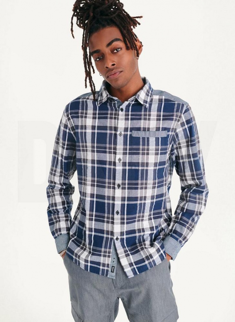 Navy Men\'s DKNY Plaid Long Sleeve Button Up Shirts | Australia-D0847