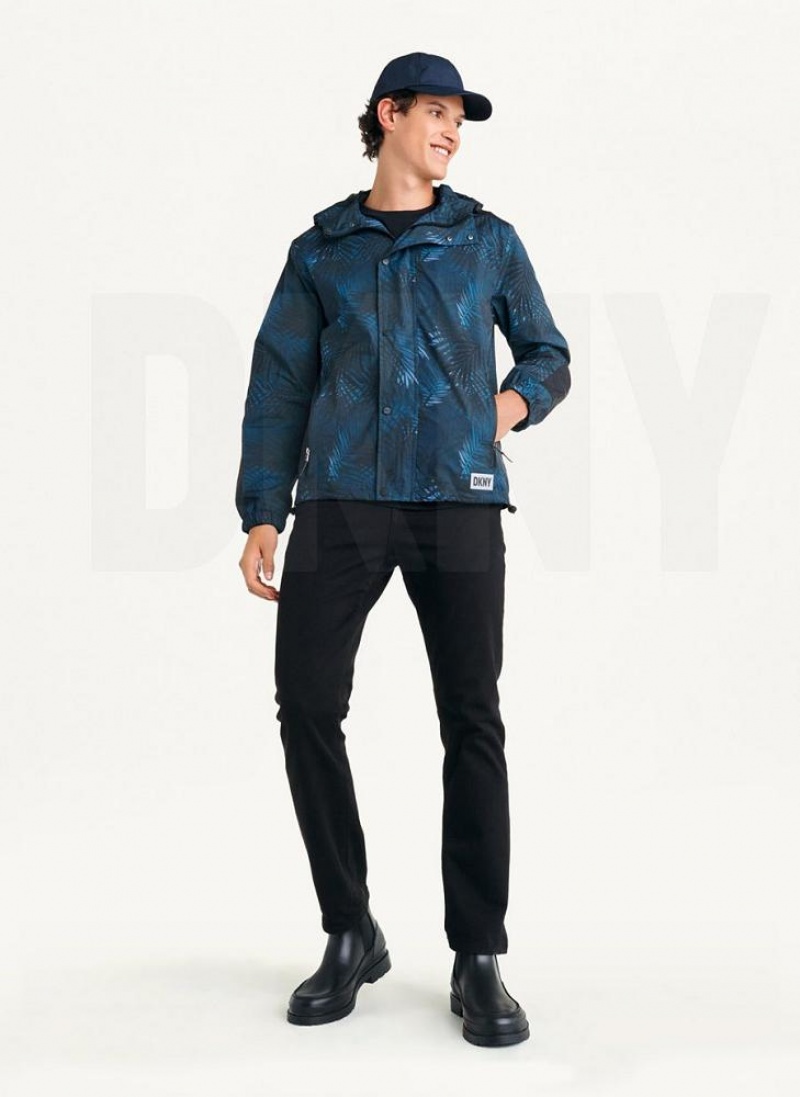 Navy Men's DKNY Printed Nylon Wild Palm Hooded Rain Jackets | Australia-D1596