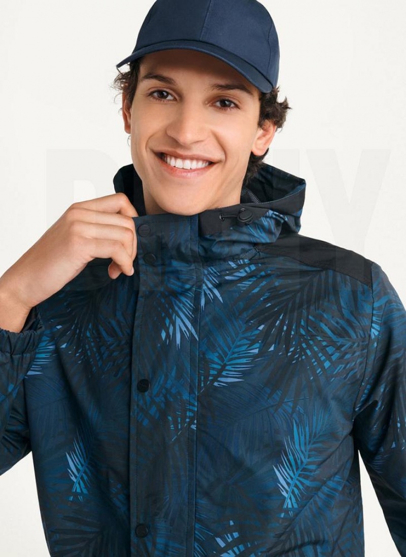 Navy Men's DKNY Printed Nylon Wild Palm Hooded Rain Jackets | Australia-D1596