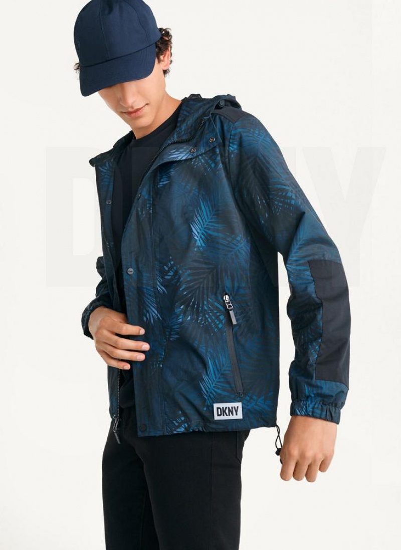 Navy Men's DKNY Printed Nylon Wild Palm Hooded Rain Jackets | Australia-D1596