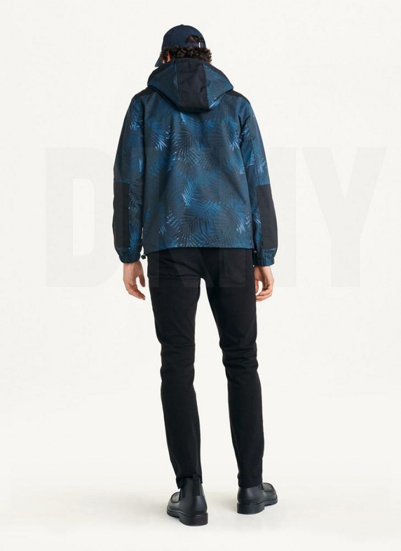 Navy Men's DKNY Printed Nylon Wild Palm Hooded Rain Jackets | Australia-D1596