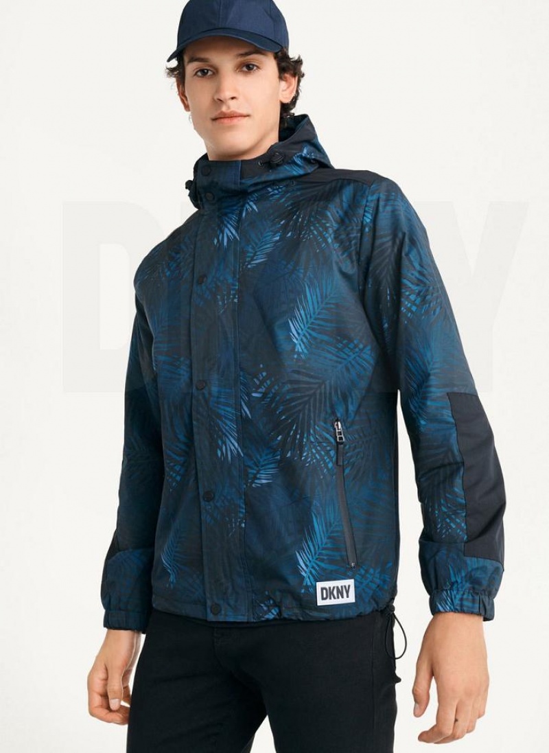 Navy Men\'s DKNY Printed Nylon Wild Palm Hooded Rain Jackets | Australia-D1596