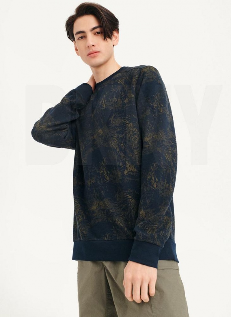 Navy Men's DKNY Tropical Knit Mixed Media Crewneck Sweatshirts | Australia-D1282