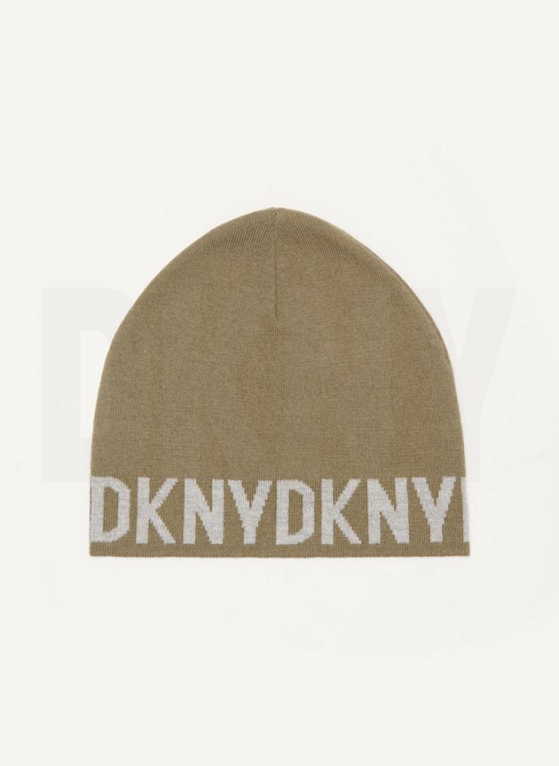 Olive Men's DKNY Brim Logo Beanie | Australia-D0282