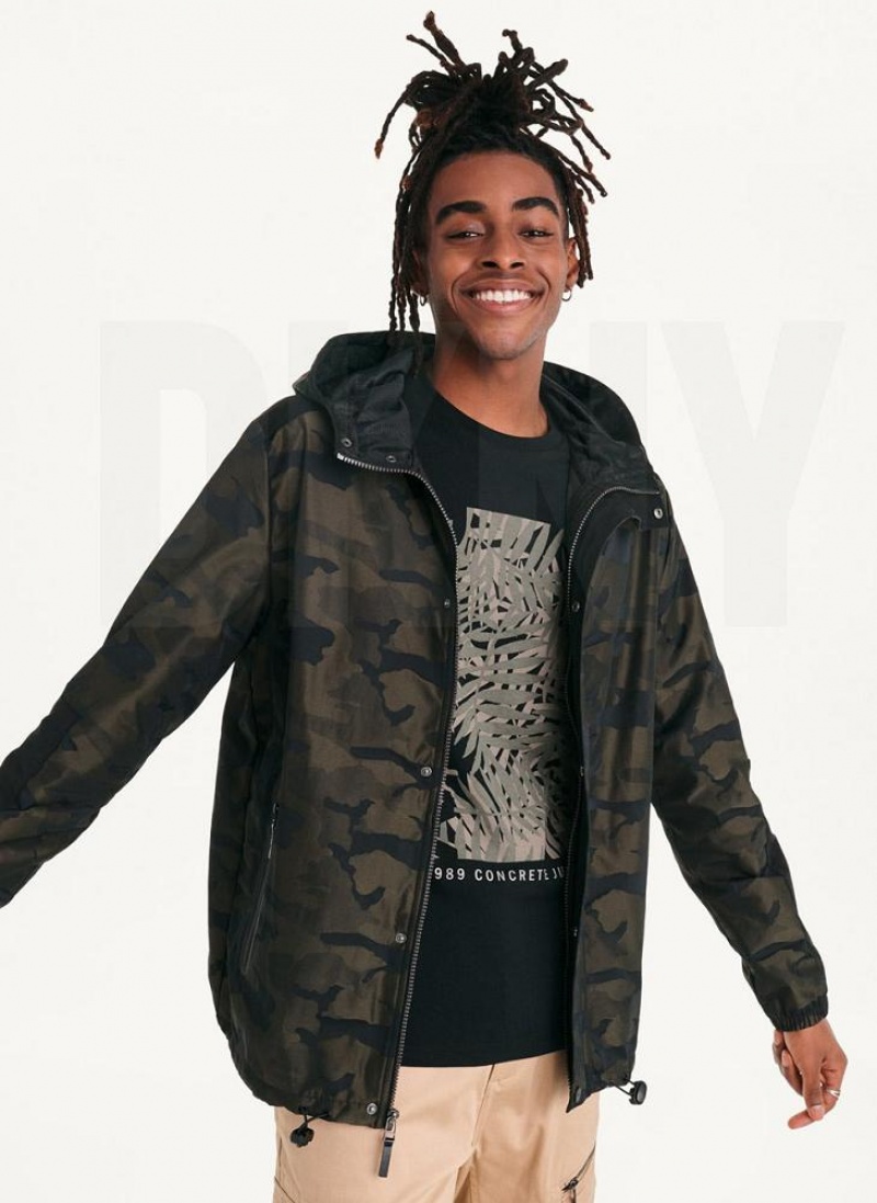 Olive Men's DKNY Camo Hooded Jackets | Australia-D1290