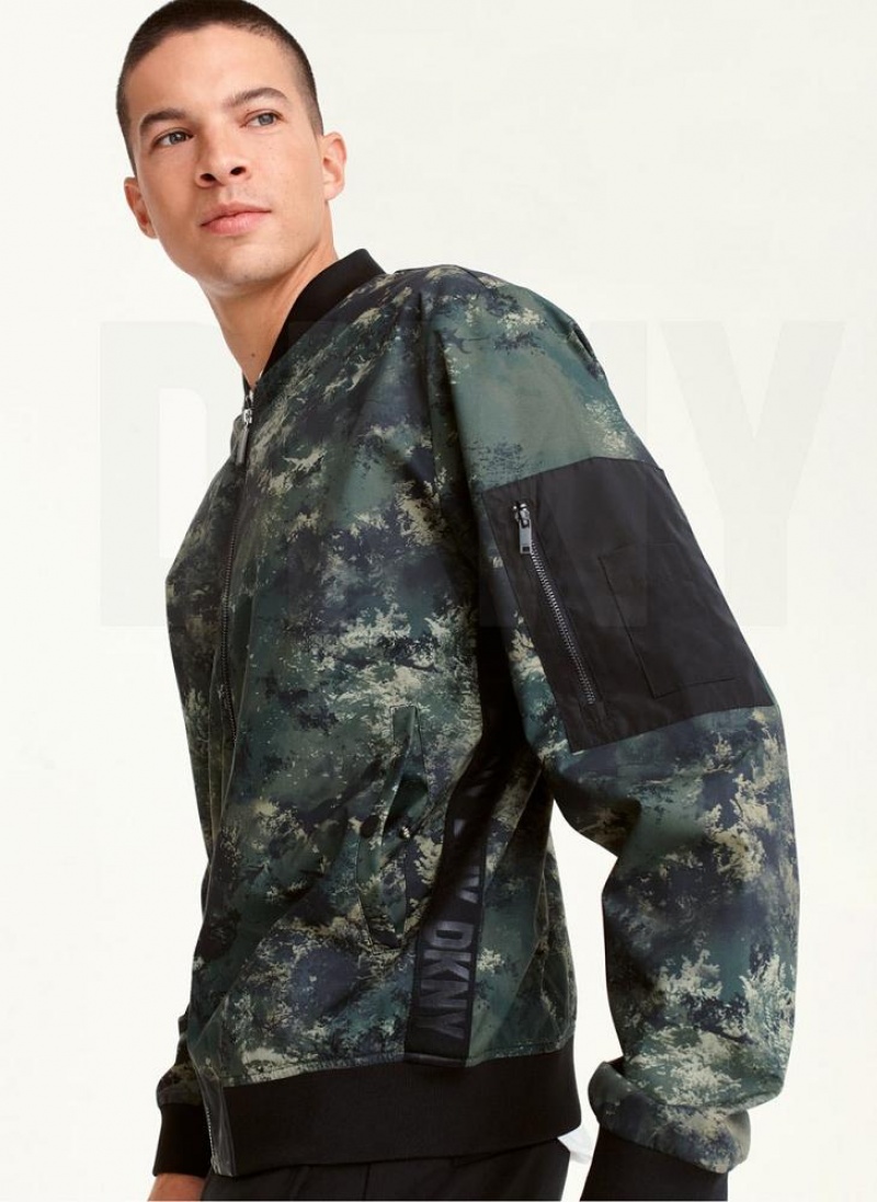 Olive Men's DKNY Leaf Camo Bomber Jackets | Australia-D0109