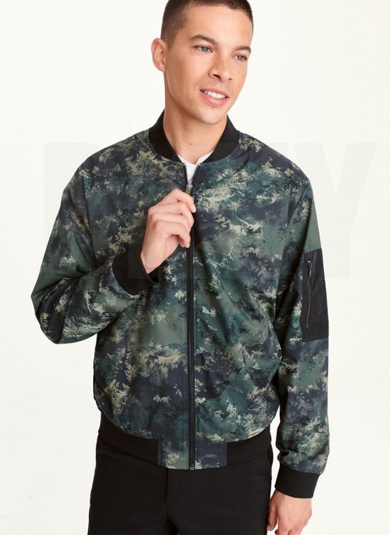 Olive Men\'s DKNY Leaf Camo Bomber Jackets | Australia-D0109
