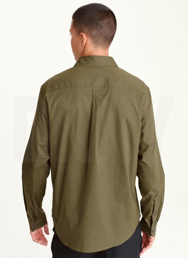 Olive Men's DKNY Long Sleeve Button Down Shirts | Australia-D0169