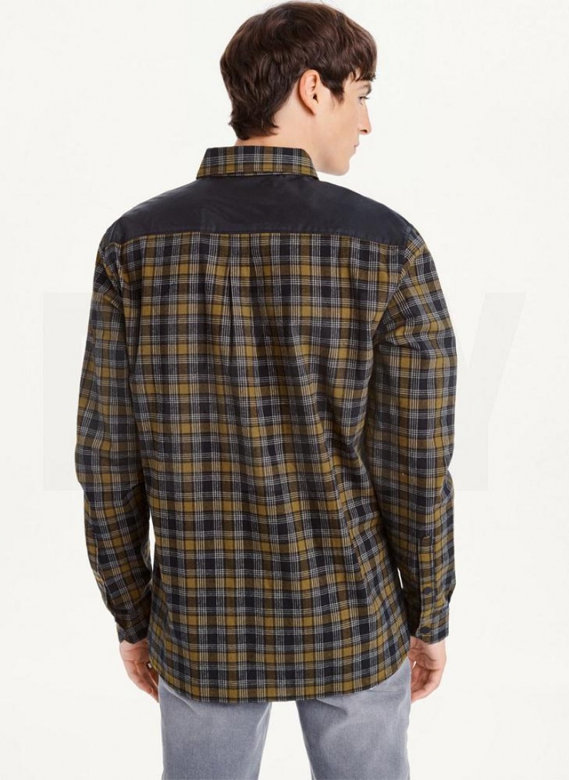 Olive Men's DKNY Long Sleeve Plaid Shirts | Australia-D1543