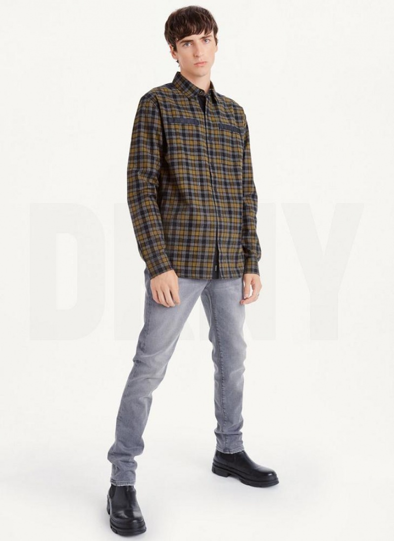 Olive Men's DKNY Long Sleeve Plaid Shirts | Australia-D1543