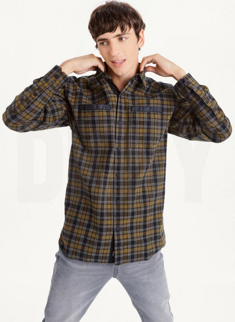 Olive Men's DKNY Long Sleeve Plaid Shirts | Australia-D1543
