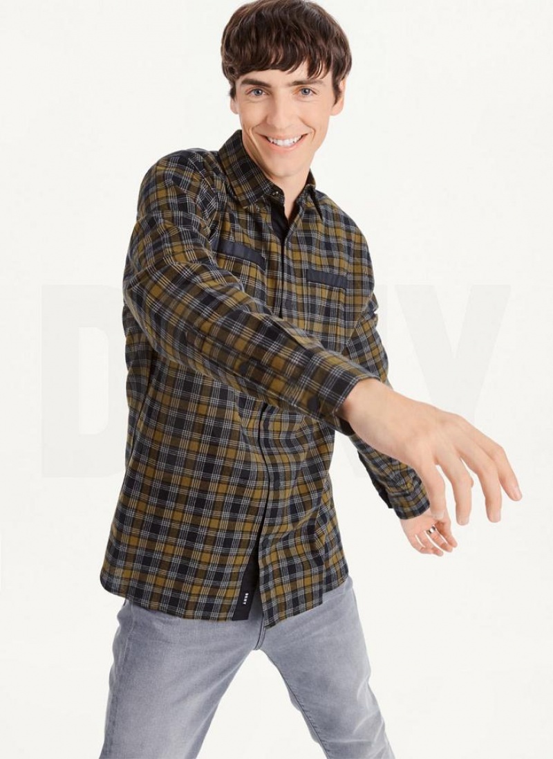 Olive Men\'s DKNY Long Sleeve Plaid Shirts | Australia-D1543