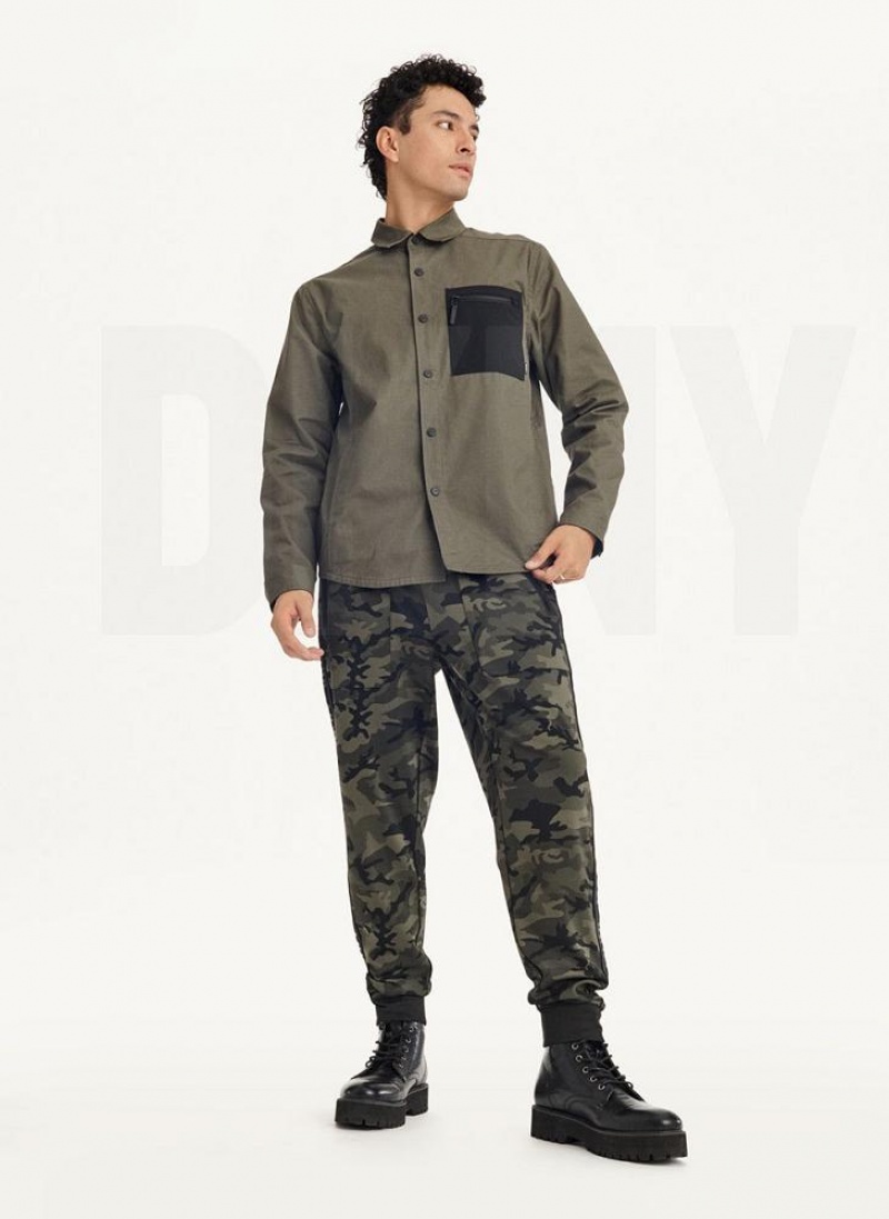 Olive Men's DKNY Mixed Media PockeT-Shirt Jackets | Australia-D0390