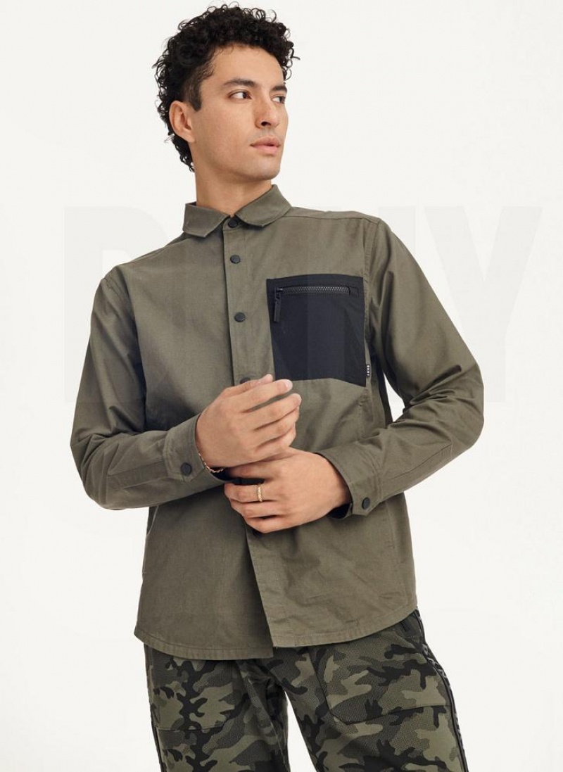 Olive Men's DKNY Mixed Media PockeT-Shirt Jackets | Australia-D0390