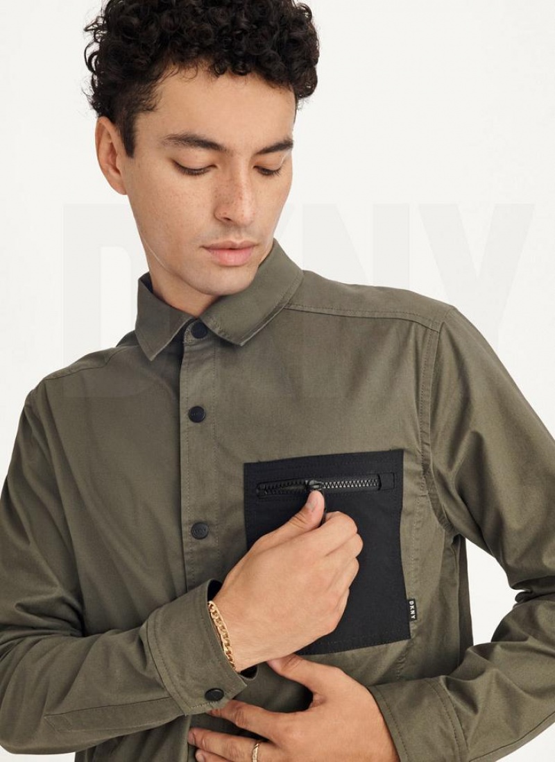 Olive Men's DKNY Mixed Media PockeT-Shirt Jackets | Australia-D0390