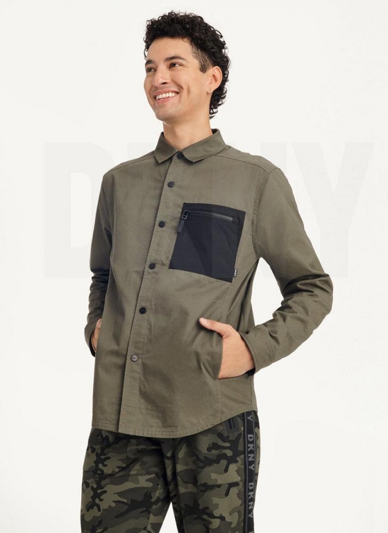 Olive Men's DKNY Mixed Media PockeT-Shirt Jackets | Australia-D0390