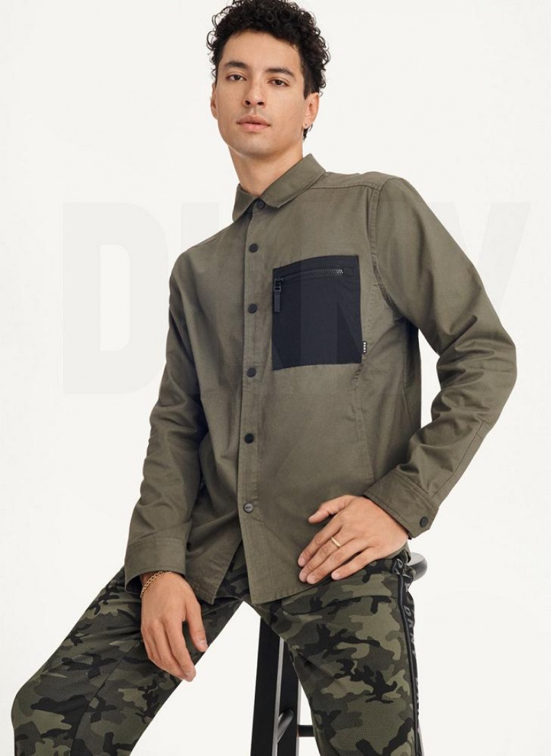 Olive Men\'s DKNY Mixed Media PockeT-Shirt Jackets | Australia-D0390