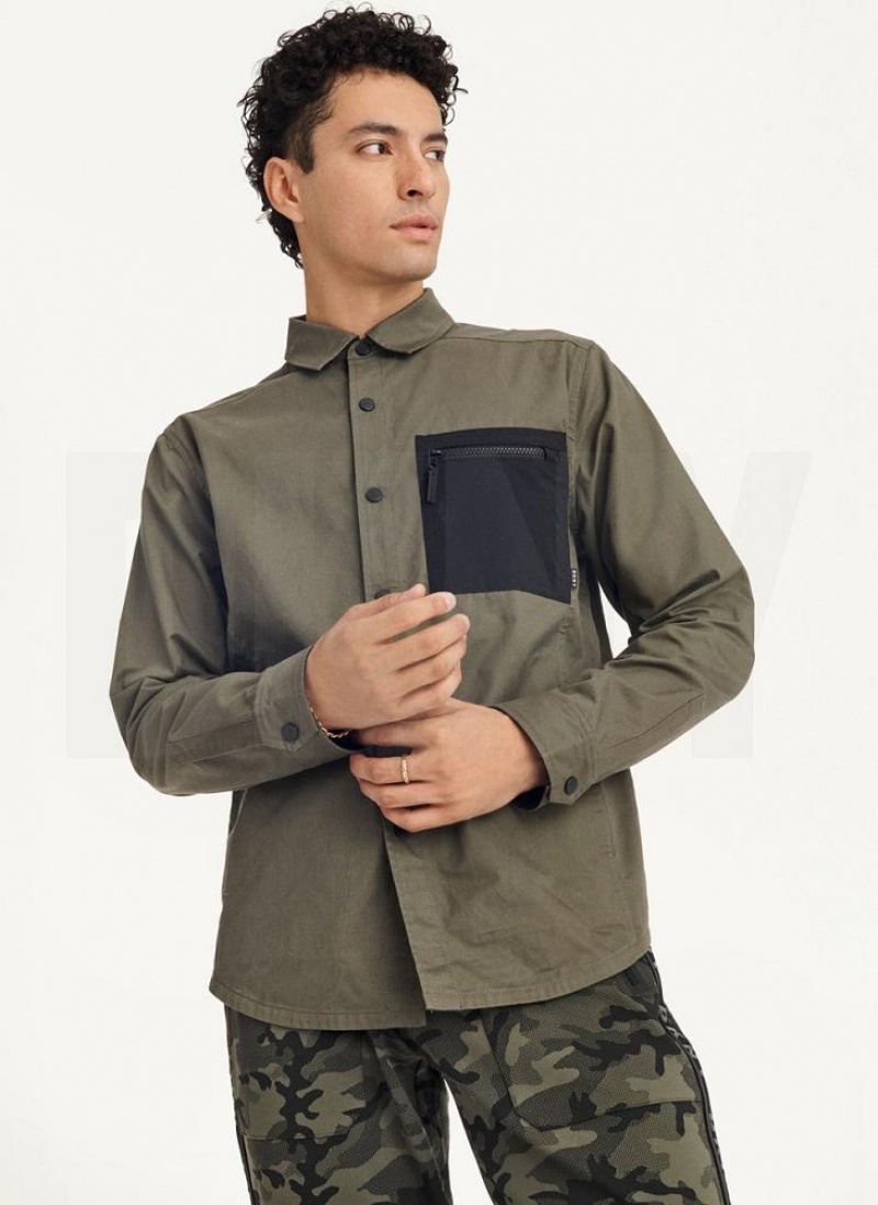 Olive Men's DKNY Mixed Media PockeT-Shirt Jacket Shirts | Australia-D0153