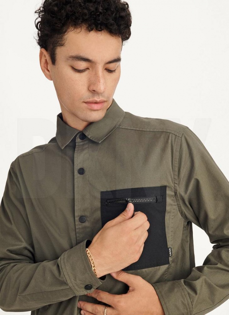 Olive Men's DKNY Mixed Media PockeT-Shirt Jacket Shirts | Australia-D0153