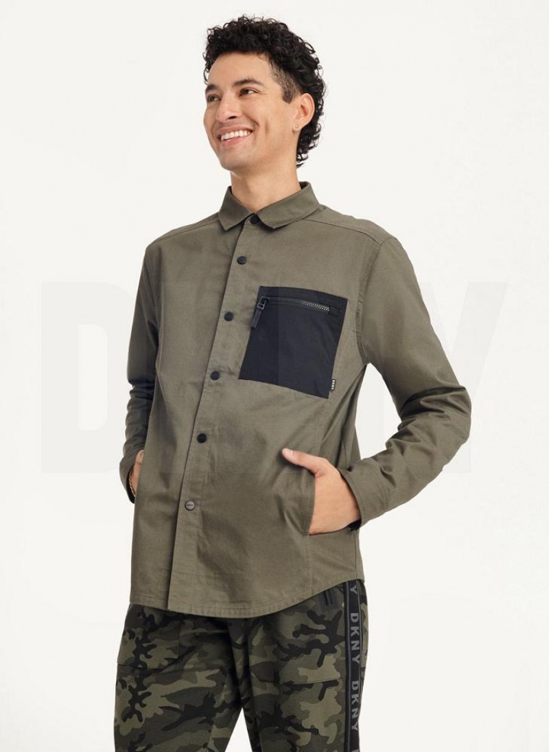 Olive Men's DKNY Mixed Media PockeT-Shirt Jacket Shirts | Australia-D0153