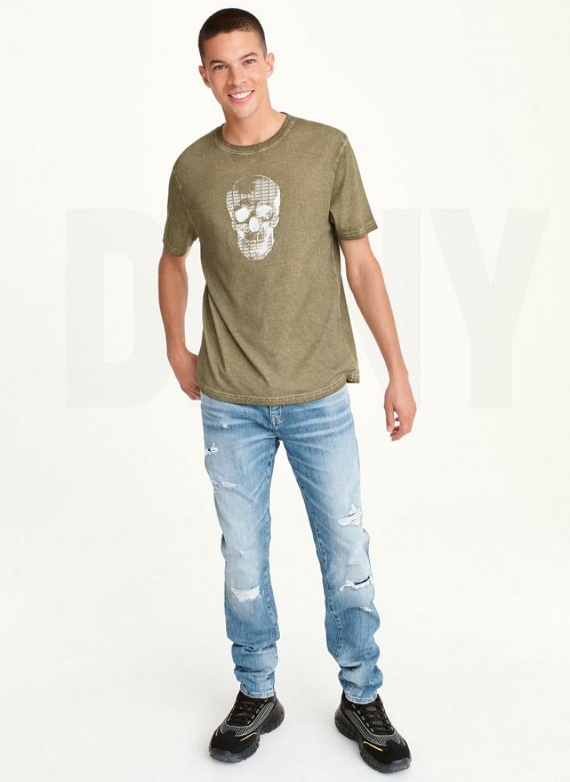Olive Men's DKNY OUTLINE LOGO SKULL MINERAL WASH T Shirts | Australia-D1169