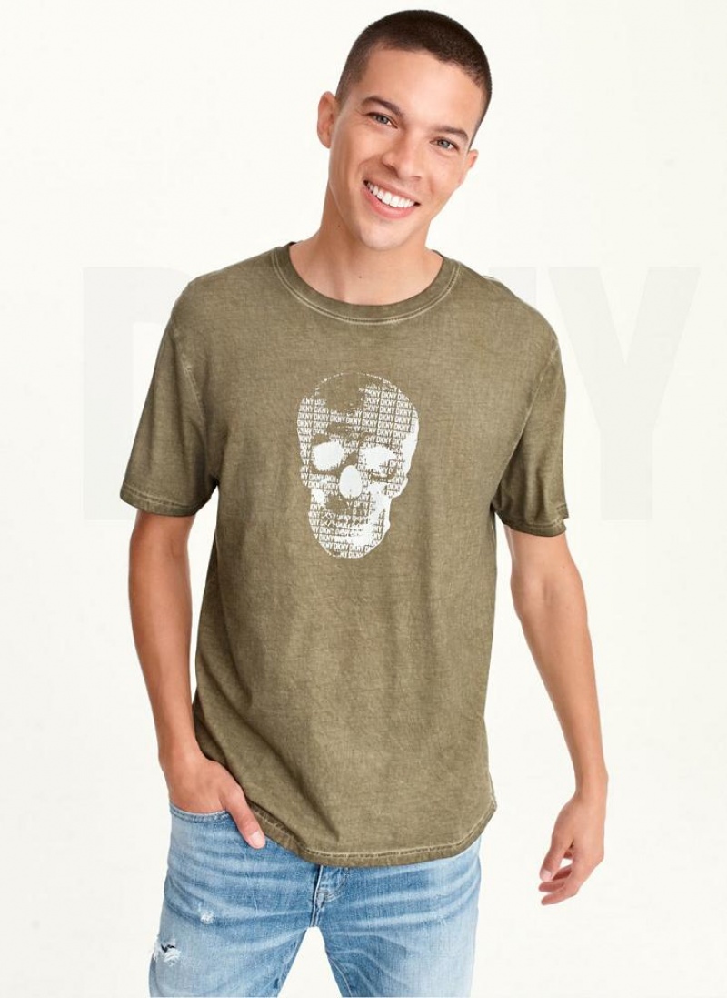 Olive Men\'s DKNY OUTLINE LOGO SKULL MINERAL WASH T Shirts | Australia-D1169