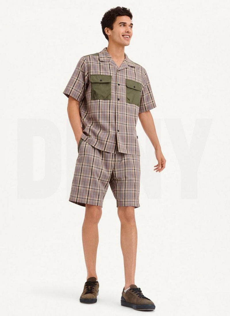 Olive Men's DKNY Plaid/Solid Mixed Short Sleeve Knit Shirts | Australia-D1594