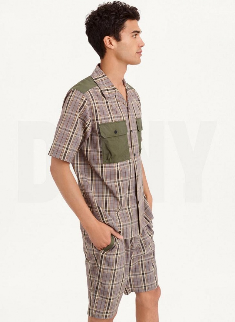 Olive Men's DKNY Plaid/Solid Mixed Short Sleeve Knit Shirts | Australia-D1594