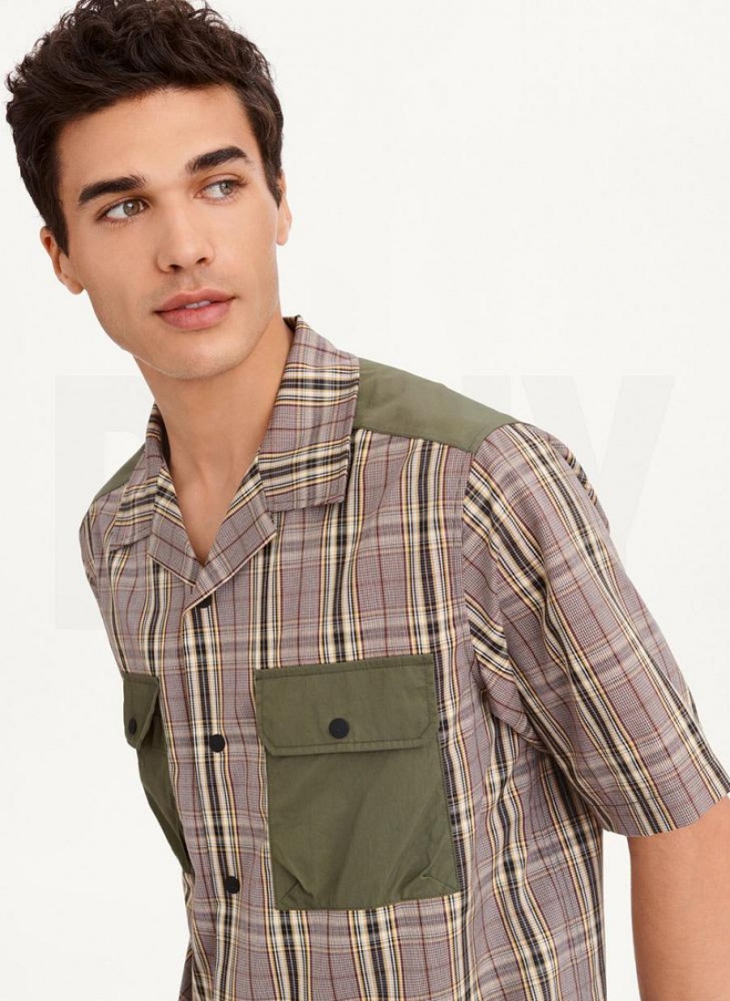 Olive Men's DKNY Plaid/Solid Mixed Short Sleeve Knit Shirts | Australia-D1594
