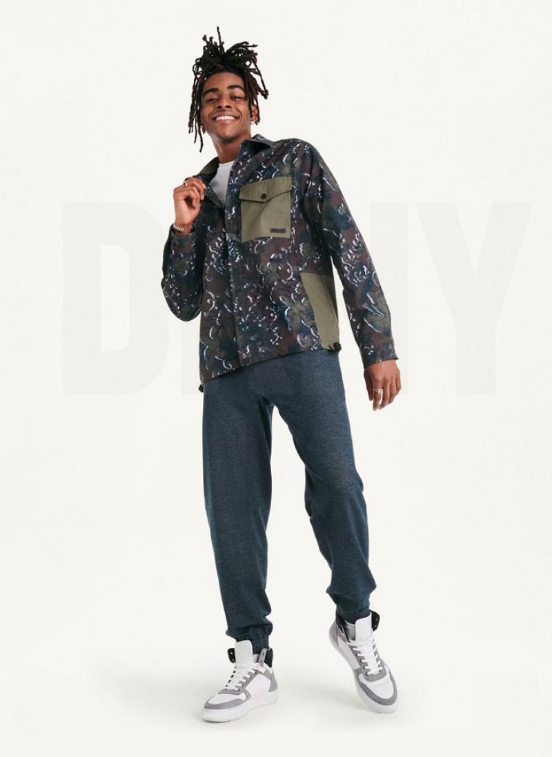 Olive Men's DKNY Printed Nylon Single Breast Drawstring Hem Jackets | Australia-D1075