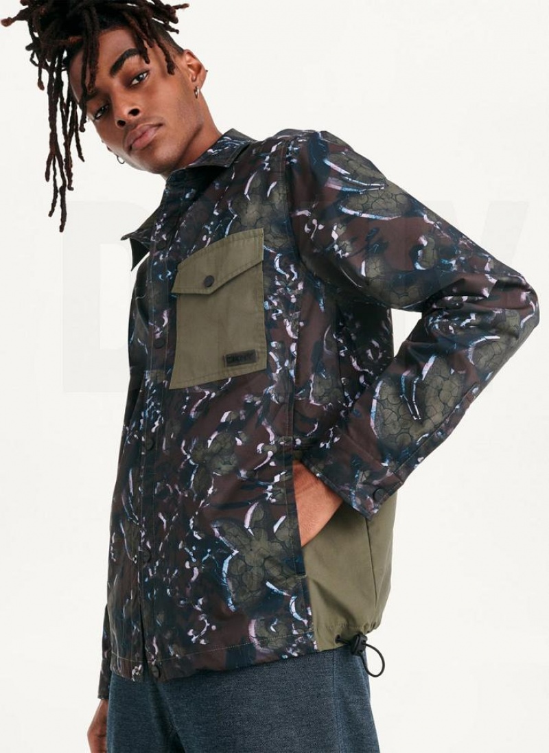 Olive Men's DKNY Printed Nylon Single Breast Drawstring Hem Jackets | Australia-D1075