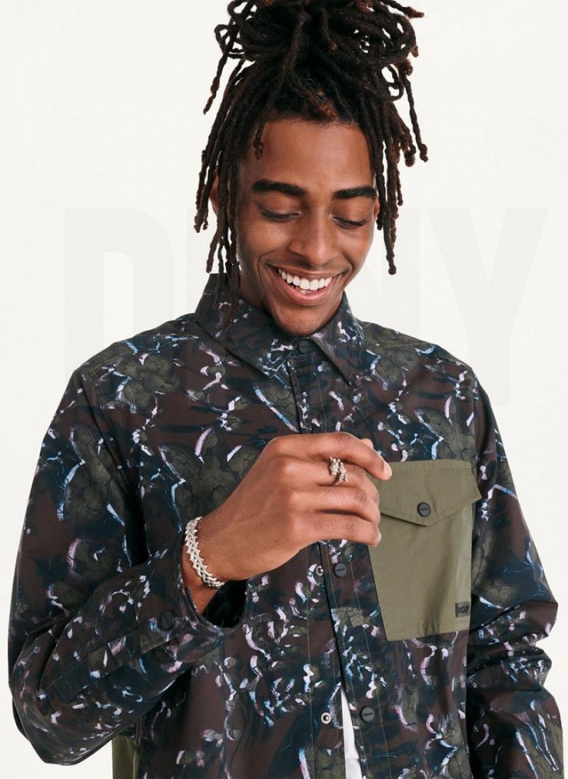 Olive Men's DKNY Printed Nylon Single Breast Drawstring Hem Jackets | Australia-D1075