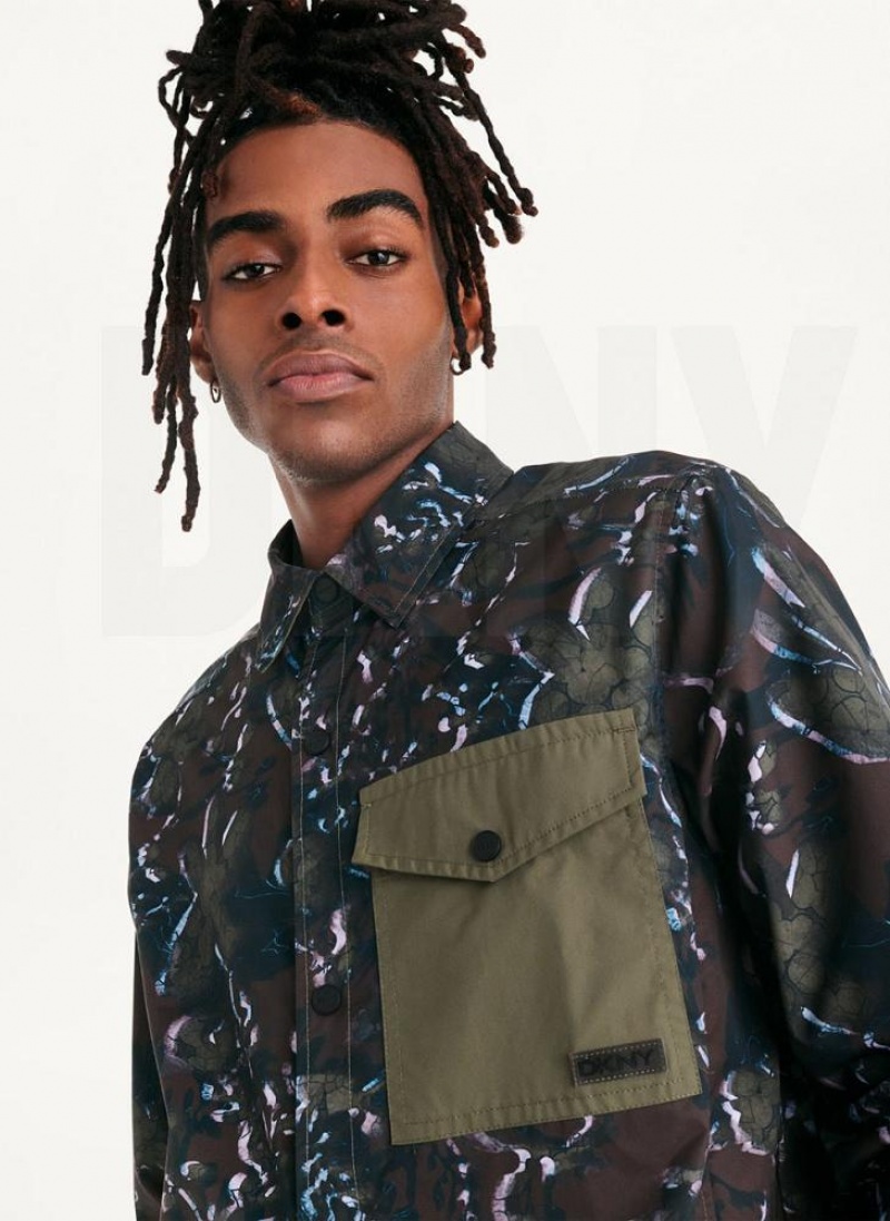 Olive Men's DKNY Printed Nylon Single Breast Drawstring Hem Jackets | Australia-D1075