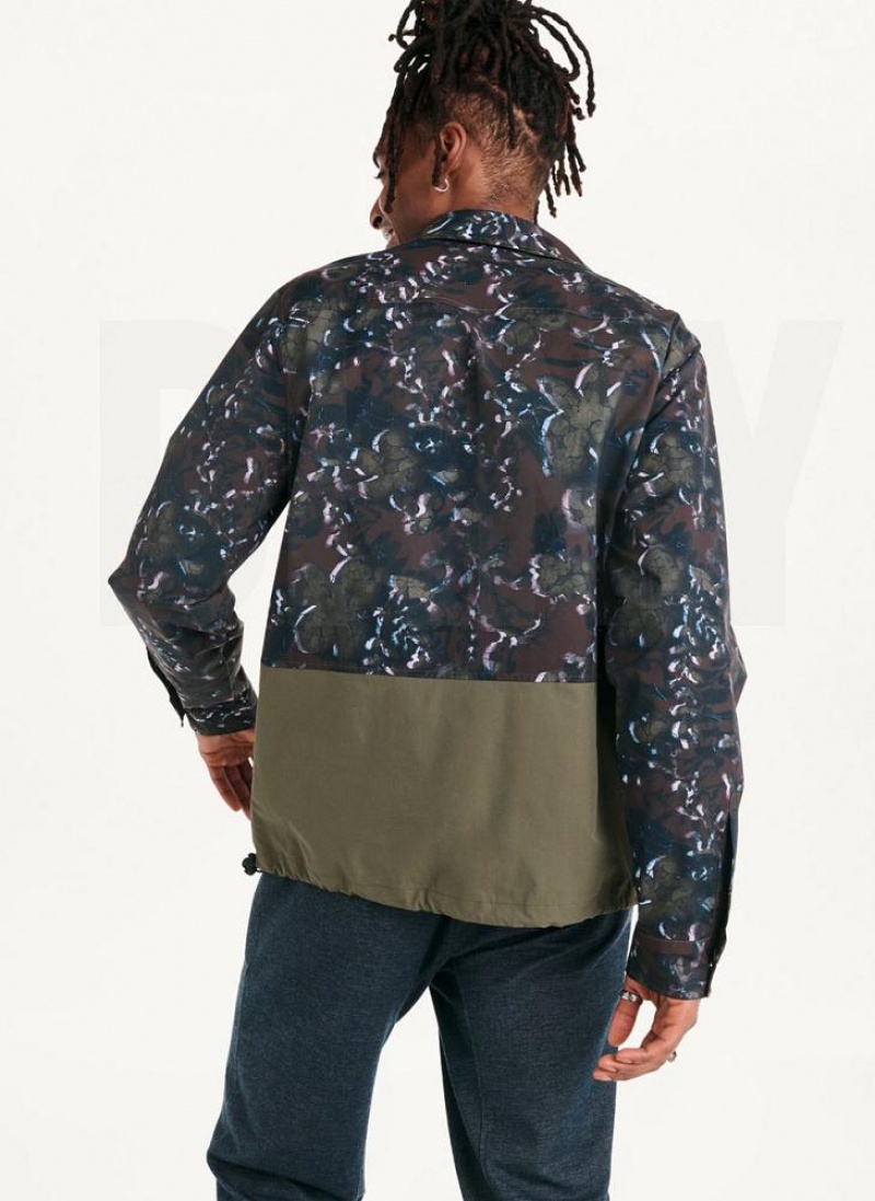 Olive Men's DKNY Printed Nylon Single Breast Drawstring Hem Jackets | Australia-D1075